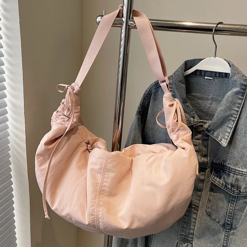 Nylon Crossbody Bag – Soft Drawstring Crescent Shoulder Bag for Women