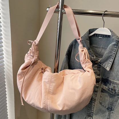 Nylon Crossbody Bag – Soft Drawstring Crescent Shoulder Bag for Women