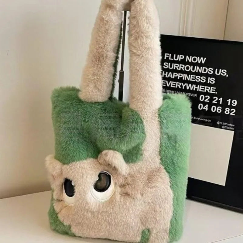 Plush Cat Tote Bag – Kawaii Faux Fur Handbag for Women