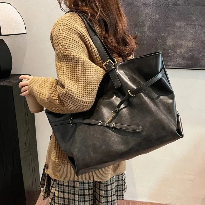Women S Vintage Large Capacity Pu Leather Tote Bag Metal Buckle Strap Accents Top - Handle Shoulder