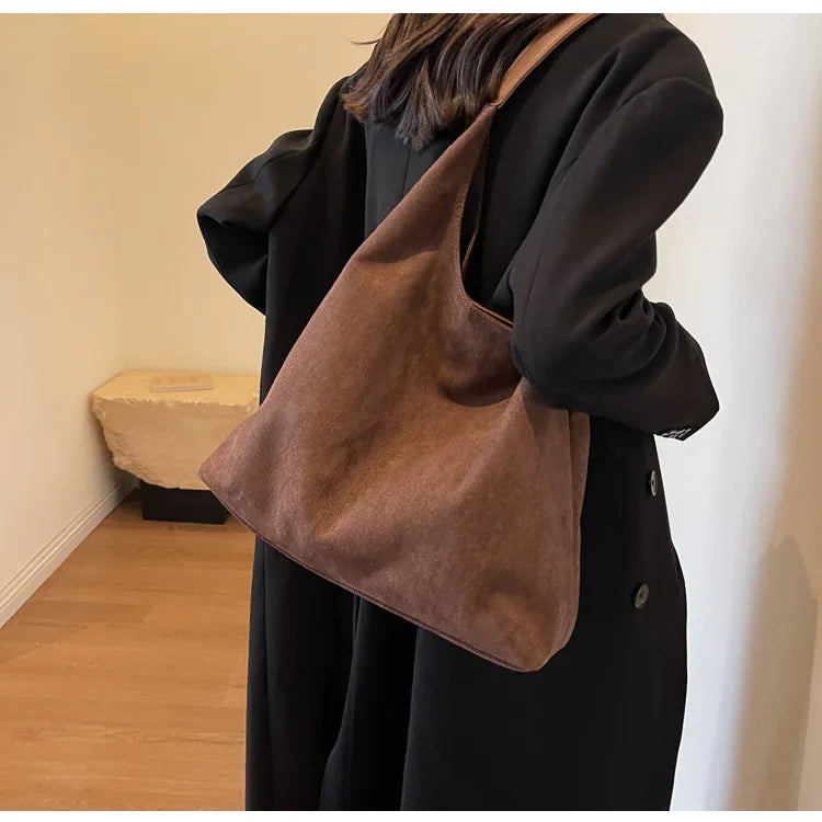 Suede Texture Large Tote Bag – Women's Minimalist Shoulder Handbag