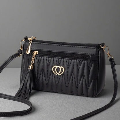 Quilted Crossbody Bag Double Heart Tassel Pendant Multi Zipper Pockets Shoulder Purse Adjustable