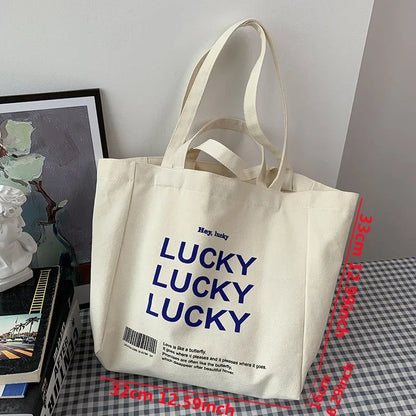 Letter Print Canvas Tote Bag – Large Literary Shoulder Bag