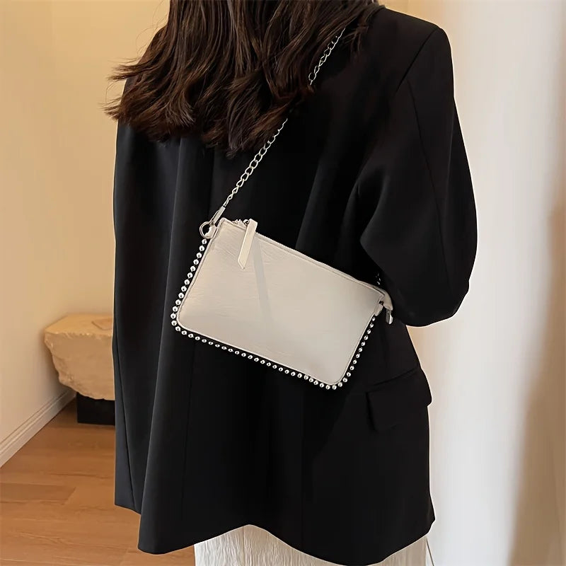 Faux Leather Crossbody Clutch Bag with Silver Chain Strap