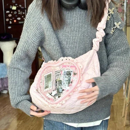 Pink Cute Womens Shoulder Bag Pleated Love Heart Lolita Jk Ita Drawstring Ballet Style Sweet Female