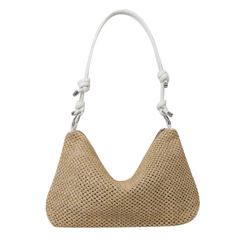 Straw Woven Shoulder Bag with Knotted Leather Handle
