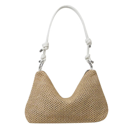 Straw Woven Shoulder Bag with Knotted Leather Handle