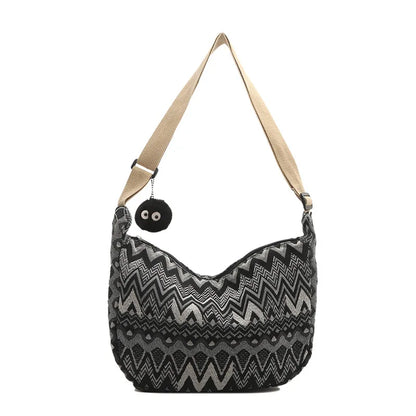Boho Canvas Shoulder Bag – Adjustable Strap with Fur Ball Charm
