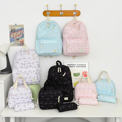 Elegant Sweet Bow Print Three Piece Backpack Set Nylon Lightweight Large Capacity Campus Commuting