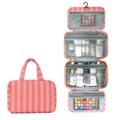 Portable Hanging Travel Toiletry Bag 4-Fold Hook Makeup Large Capacity Striped Cosmetic Purse Pouch