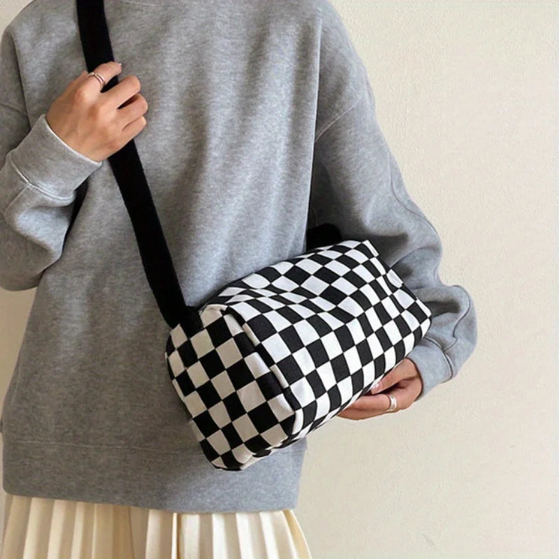 Chic Plaid Canvas Crossbody Bag Women - Adjustable Strap Sporty Boston Pillow Design