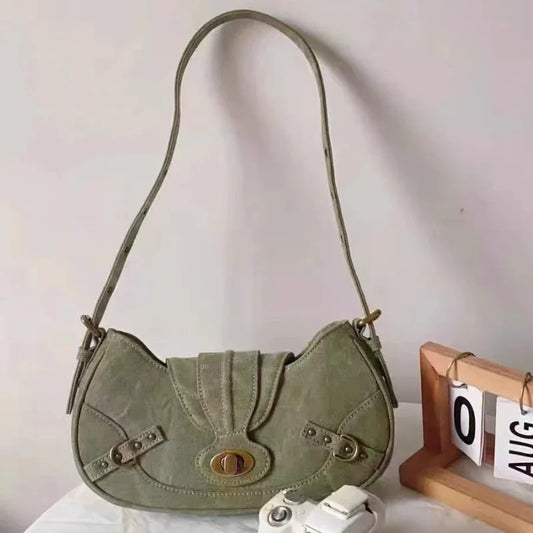 Y2k Vintage Shoulder Bag American Street Style Rivets Green Canvas Handbag Gothic Punk Biker Cool