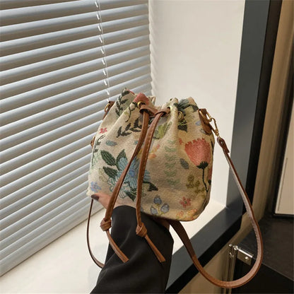 Floral Drawstring Bucket Bag for Women – Boho Crossbody Purse
