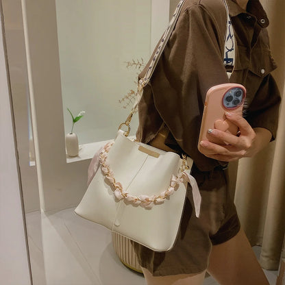 Women Bucket Bag Solid Color Pu Silk Scarf Chain Handbag Large Capacity Adjustable Strap Crossbody