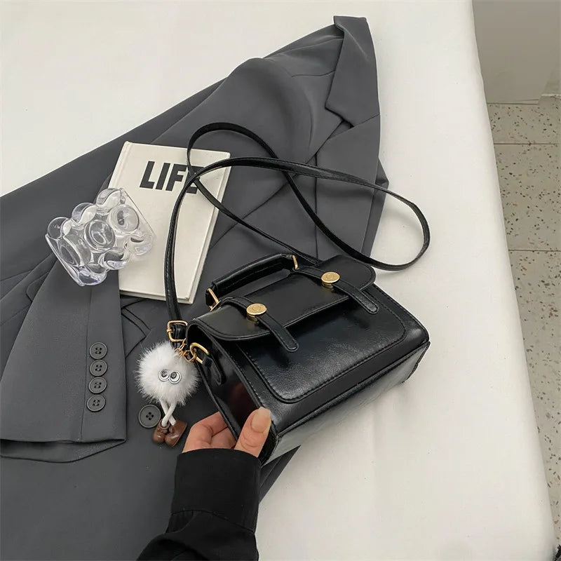 Vintage Crossbody Bag – Faux Leather Shoulder Bag with Plush Charm & Gold Button Detail