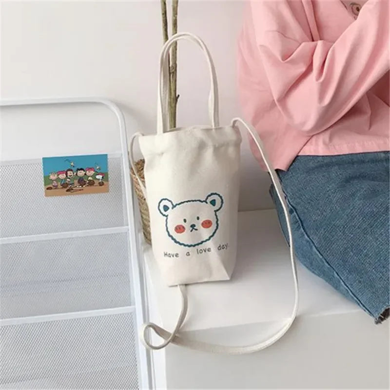 Cute Cartoon Canvas Mini Bucket Tote Bag for Women & Girls
