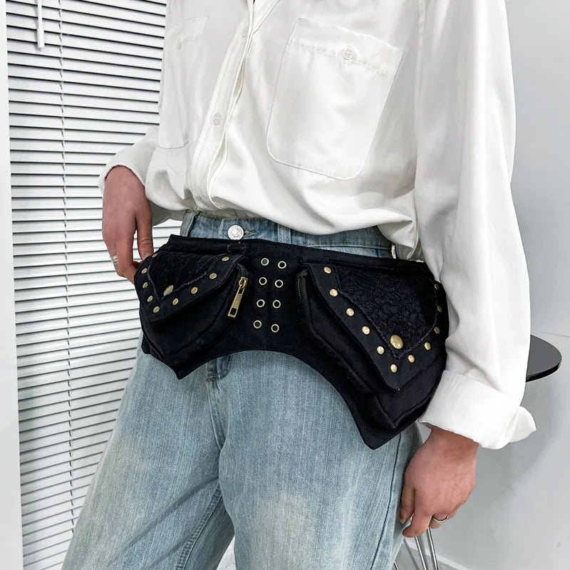 Men S Women Retro Rivet Waist Bag Crossbody Multi-Functional Wear-Resistant Outdoor Storage