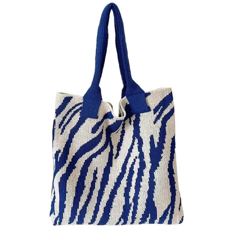 Striped Knitting Bag Commuter Large Capacity Tote Bags Woven Handbag Shoulder Bag Women Daily Use