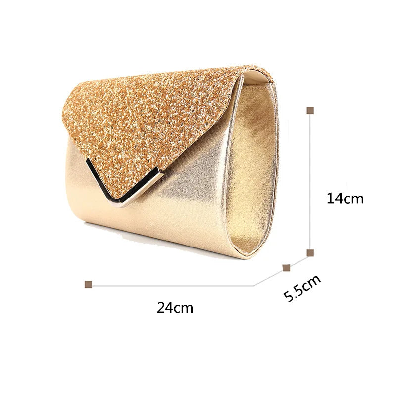 Sparkly Black Evening Clutch Bag Envelope Purse Gold Chain Parties Prom Special Occasions Formal