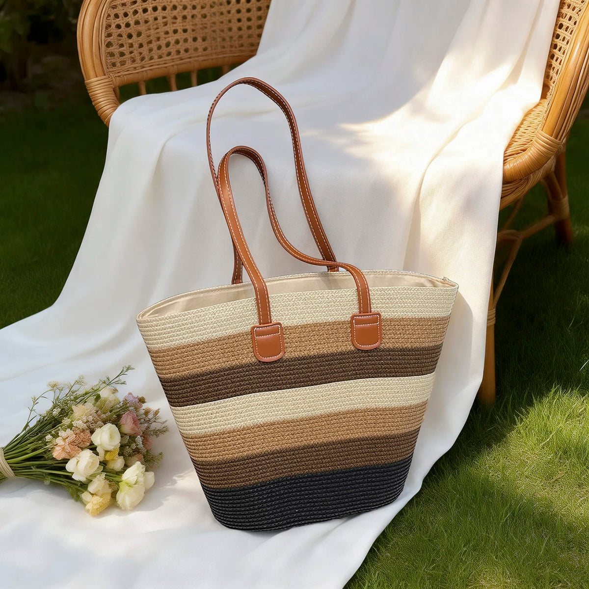Vacation Fresh Women Shoulder Bag Stripe Woven Open Weave Tote Large Capacity Breathable Straw
