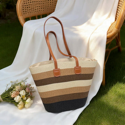 Vacation Fresh Women Shoulder Bag Stripe Woven Open Weave Tote Large Capacity Breathable Straw
