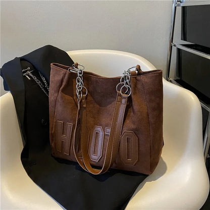 Large Capacity Nubuck Tote Bag with Letter Emboss & Chain Strap