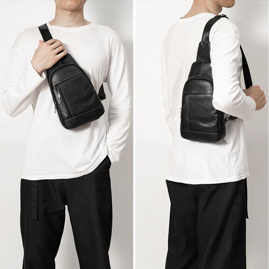 Simple Men S Genuine Leather High-End Chest Bag Multiple Compartments Travel Commuting Crossbody Bag
