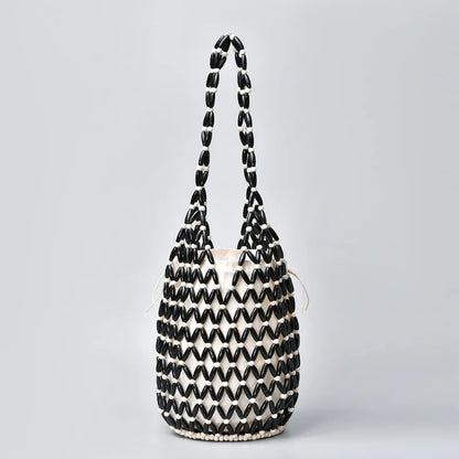 Handmade Woven Beaded Bucket Bag Contrast Color Mesh Shoulder Tote Casual Beach Vacation Handbag
