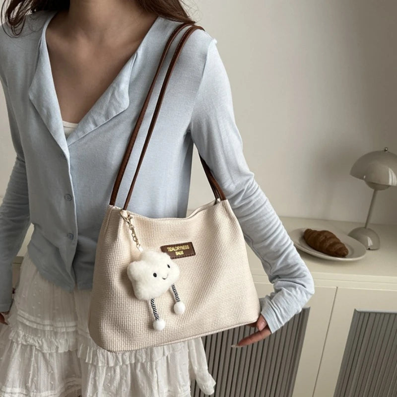 Textured Tote Bag with Plush Cloud Charm – Large Shoulder Bag