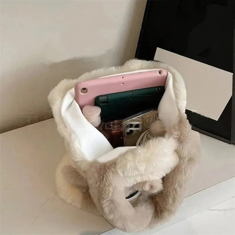 Plush Cat Tote Bag – Kawaii Faux Fur Handbag for Women