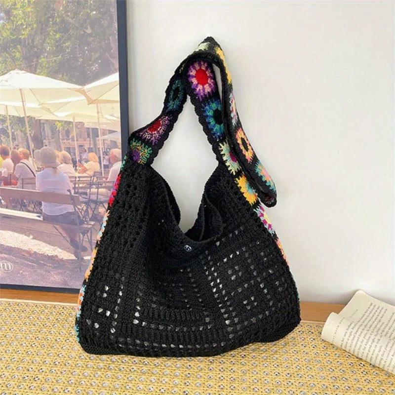 Boho Crochet Flower Tote Bag – Hollow Knit Shoulder Bag