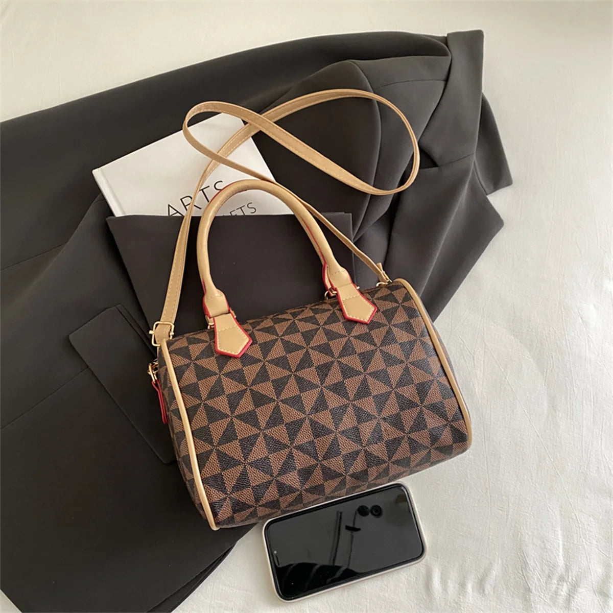 Business Crossbody Bag Windmill Print Pu Color Block Trim Large Capacity Zipper Adjustable Strap