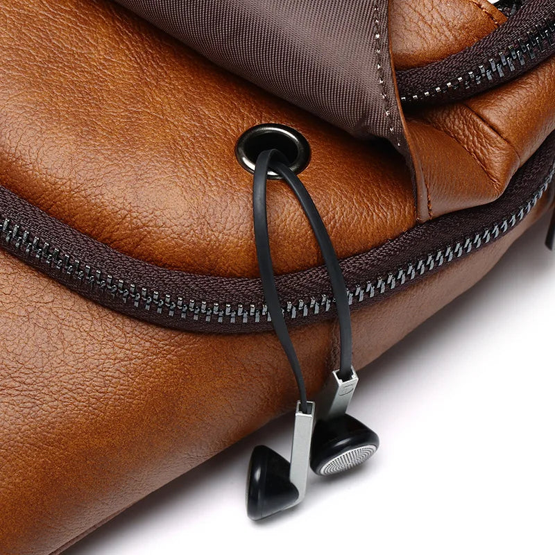 Top-Grain Cowhide Men S Genuine Leather Single-Shoulder Crossbody Chest Bag Retro Usb Front Shoulder