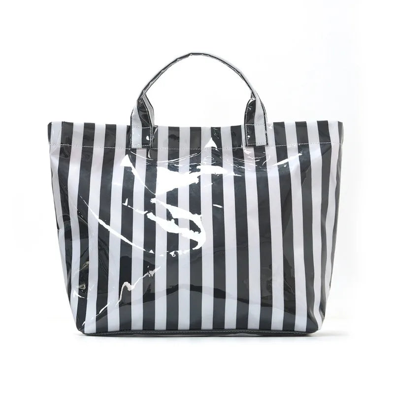 Waterproof Striped Tote Bag – Large Capacity PVC Beach Handbag for Women