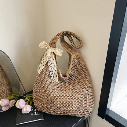 Homefish Women Woven Rattan Straw Tote Bag Large Capacity Summer Beach Shoulder Handbag Casual
