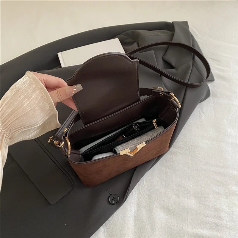 Mini Faux Suede Handbag for Women – Crossbody Bag with Gold V Clasp