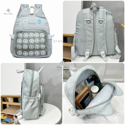 Kawaii Cat Ita Bag Backpack with Pin Display Pocket – Y2K Harajuku Style