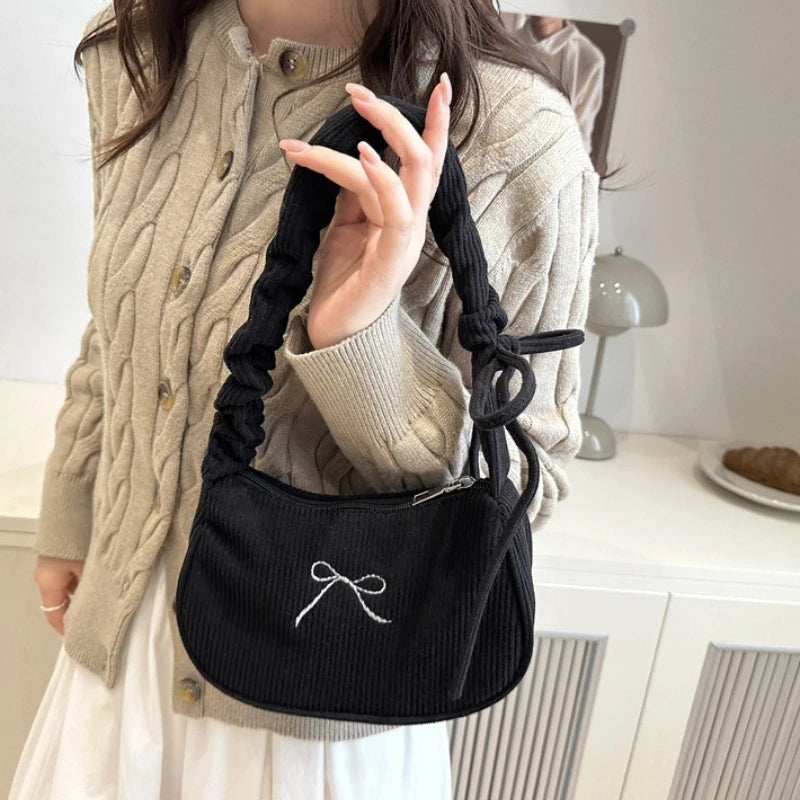Corduroy Bow Shoulder Bag with Ruched Drawstring Handle