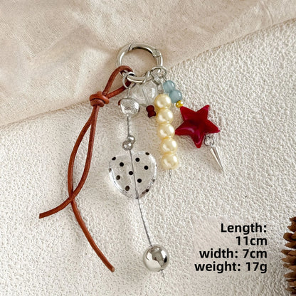 Pearl & Leather Keychain Charm – Boho Star Heart Bead Accessory