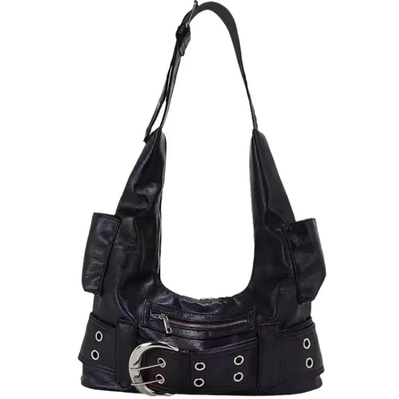 Black Leather Shoulder Bag – Y2K Belt Buckle & Eyelet Hardware