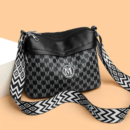 Letter Print Crossbody Bag – Triple Zipper Leather Shoulder Purse