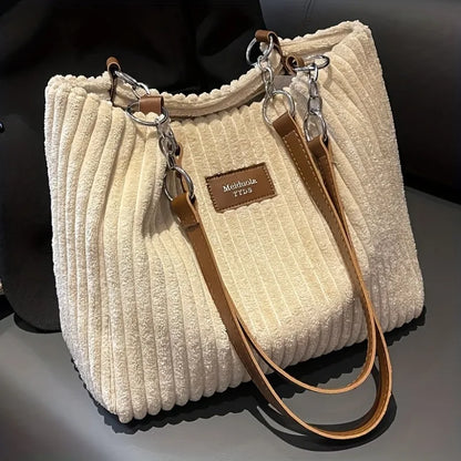 Corduroy Shoulder Tote Bag with Chain Accent
