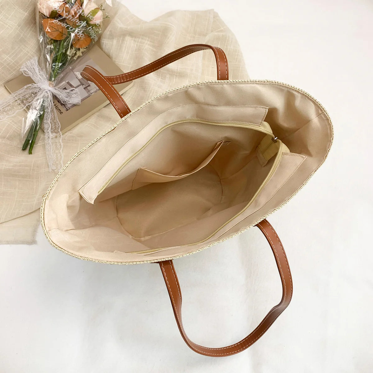Vacation Fresh Women Tote Bag Solid Stripe Woven Shoulder Large Capacity Breathable Straw Handbag