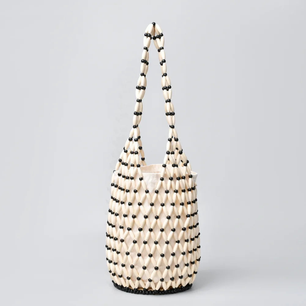 Handmade Woven Beaded Bucket Bag Contrast Color Mesh Shoulder Tote Casual Beach Vacation Handbag