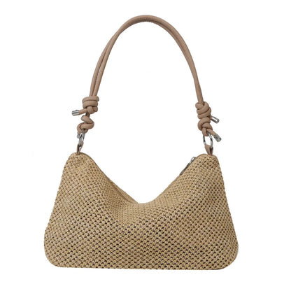 Straw Woven Shoulder Bag with Knotted Leather Handle