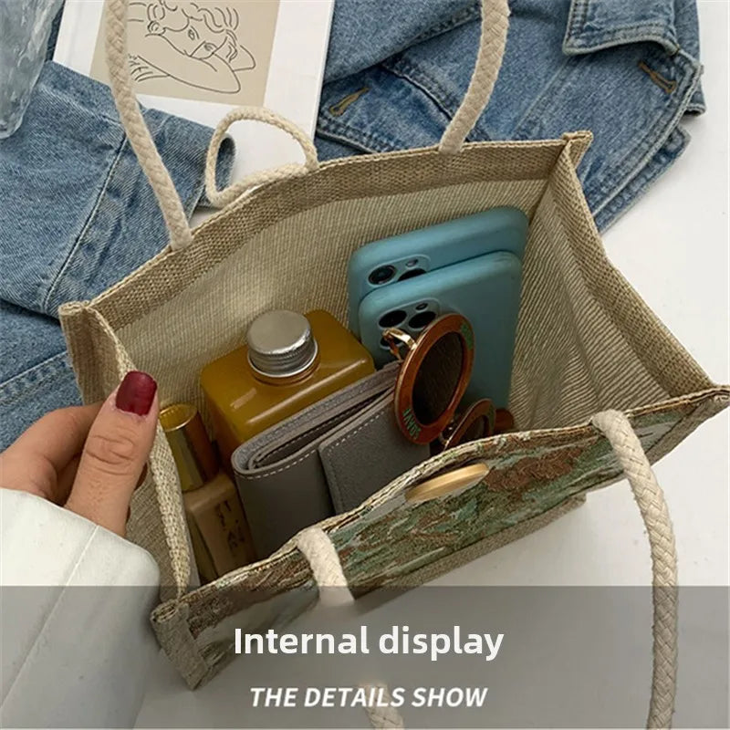 Linen Beach Tote Bag with Floral Print & Button Closure