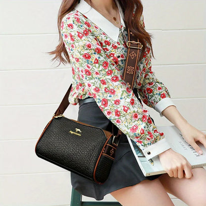 PU Leather Crossbody Bag Women Textured Shoulder Wide Strap