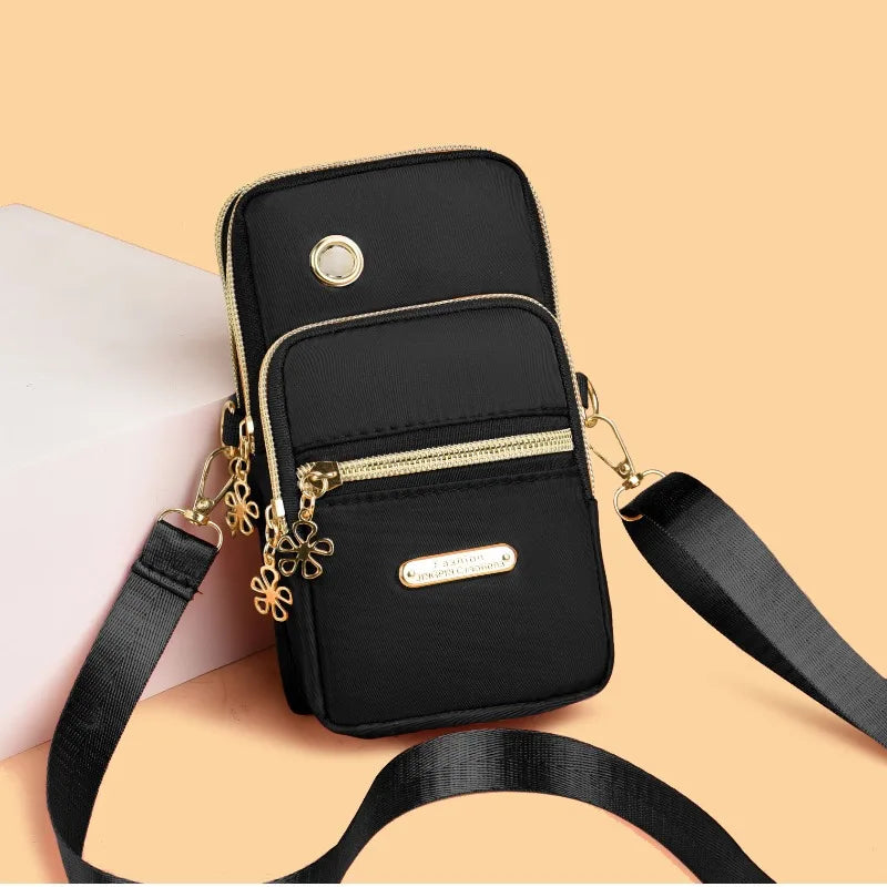 Mini Crossbody Phone Bag with Multi Zipper Pockets & Gold Hardware
