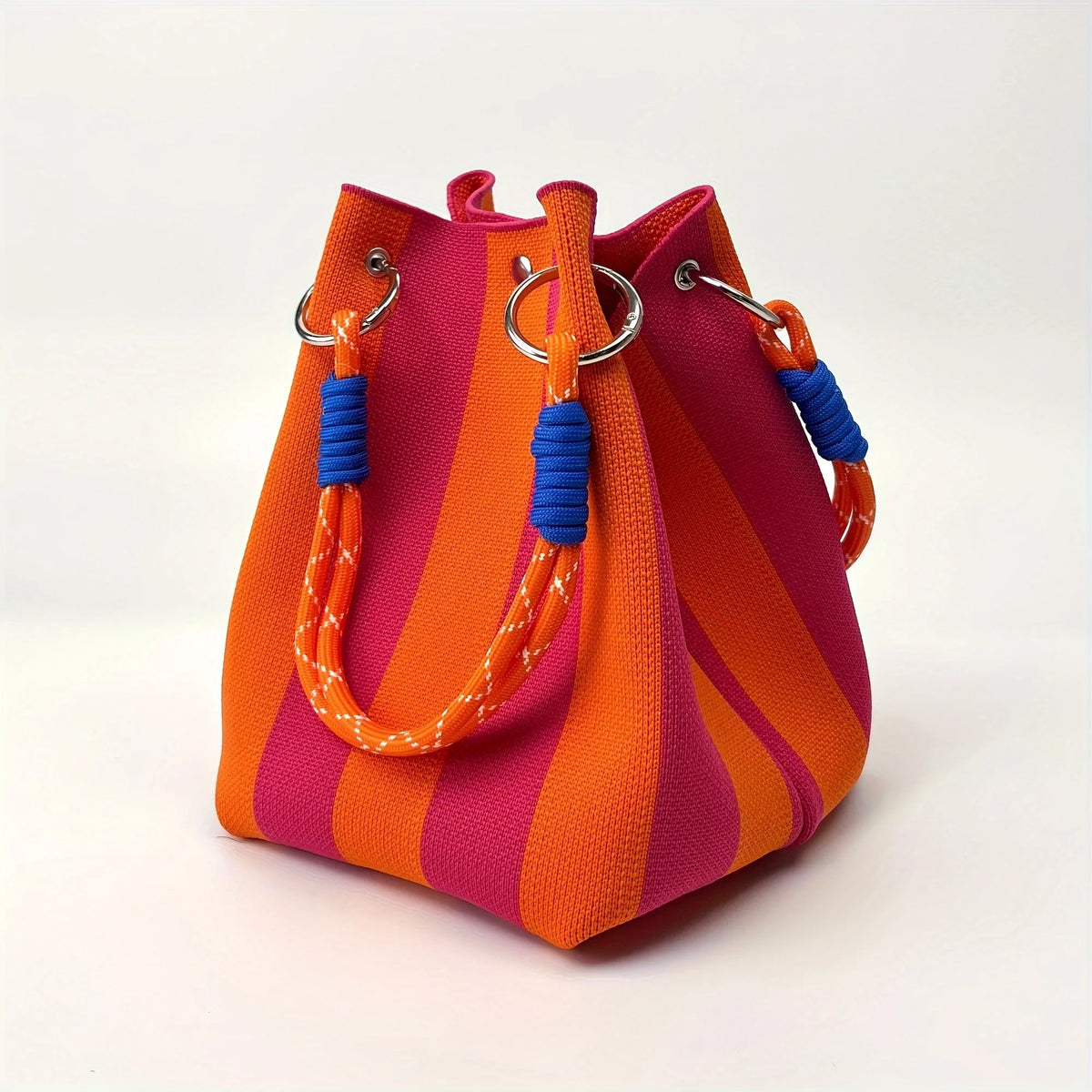Women's Multicolor Bucket Bag – Striped Tote with Rope Handle