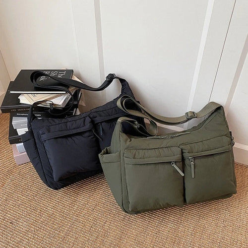 Large Capacity Multi-Pocket Nylon Crossbody Bag – Wide Strap Messenger Purse